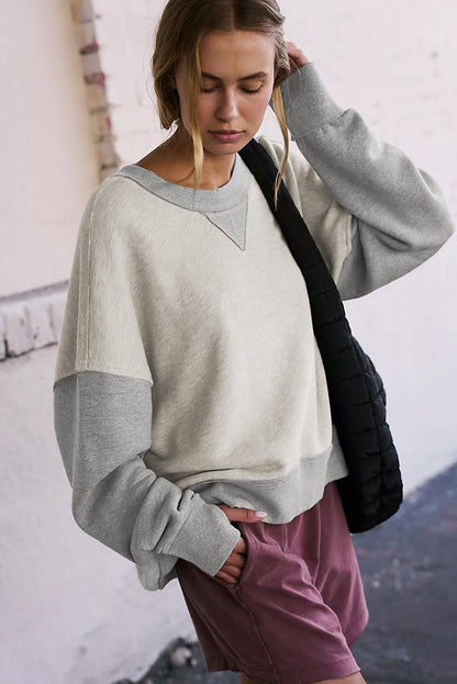Parchment Color Block Thumbhole Sleeve Drop Shoulder Sweatshirt