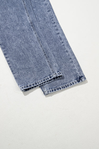 Sail Blue Denim Bib Straight Leg Jumpsuit with Pockets