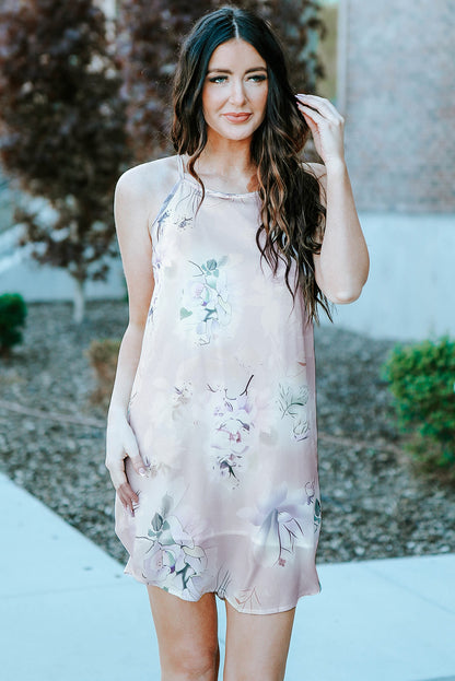 Summer Floral Print Pink Sleeveless Dress
