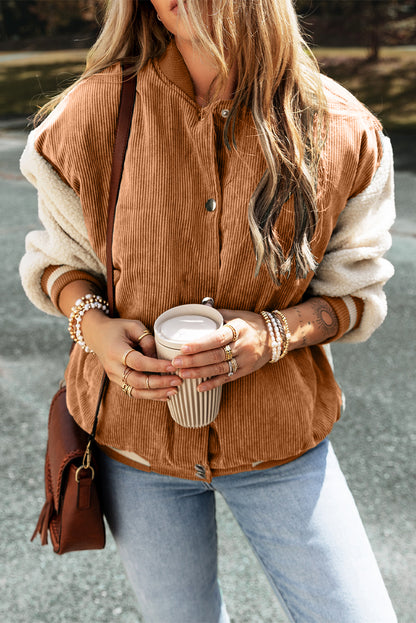 Mist Green Corduroy Fleece Patchwork Buttoned Bomber Jacket