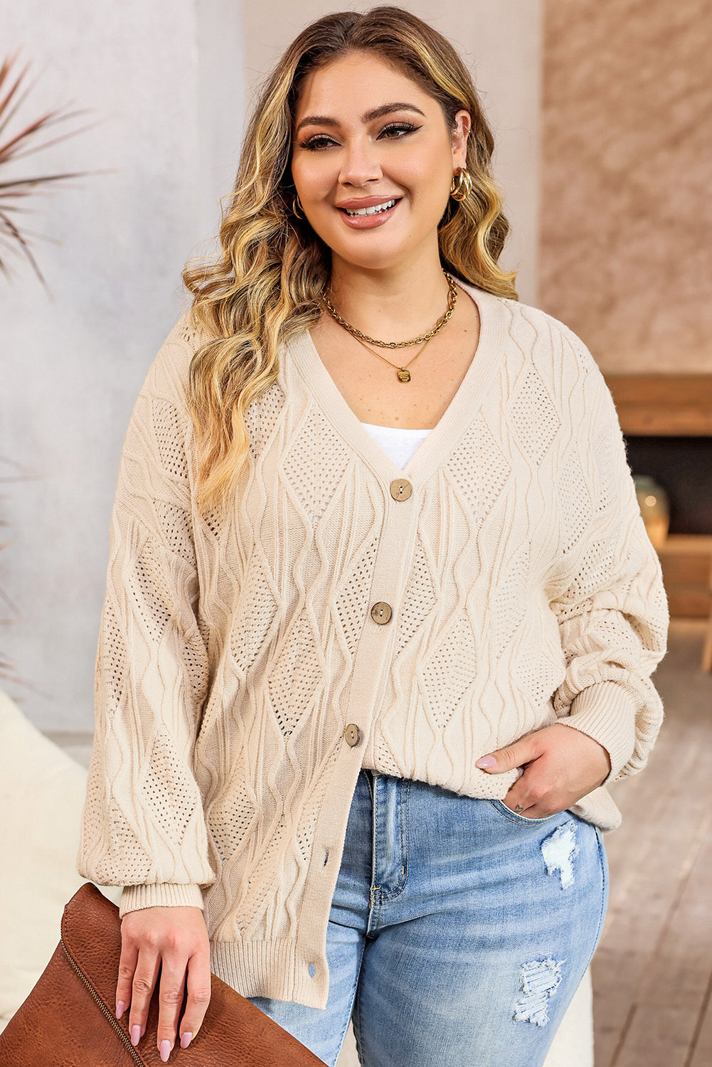 Apricot Plus Size Knitted Hollow Out Button Up Cardigan