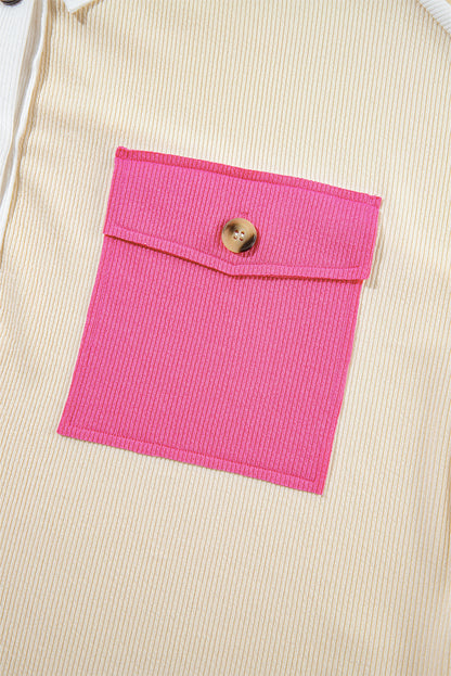Pink Colorblock Ribbed Collared Oversized Sweatshirt