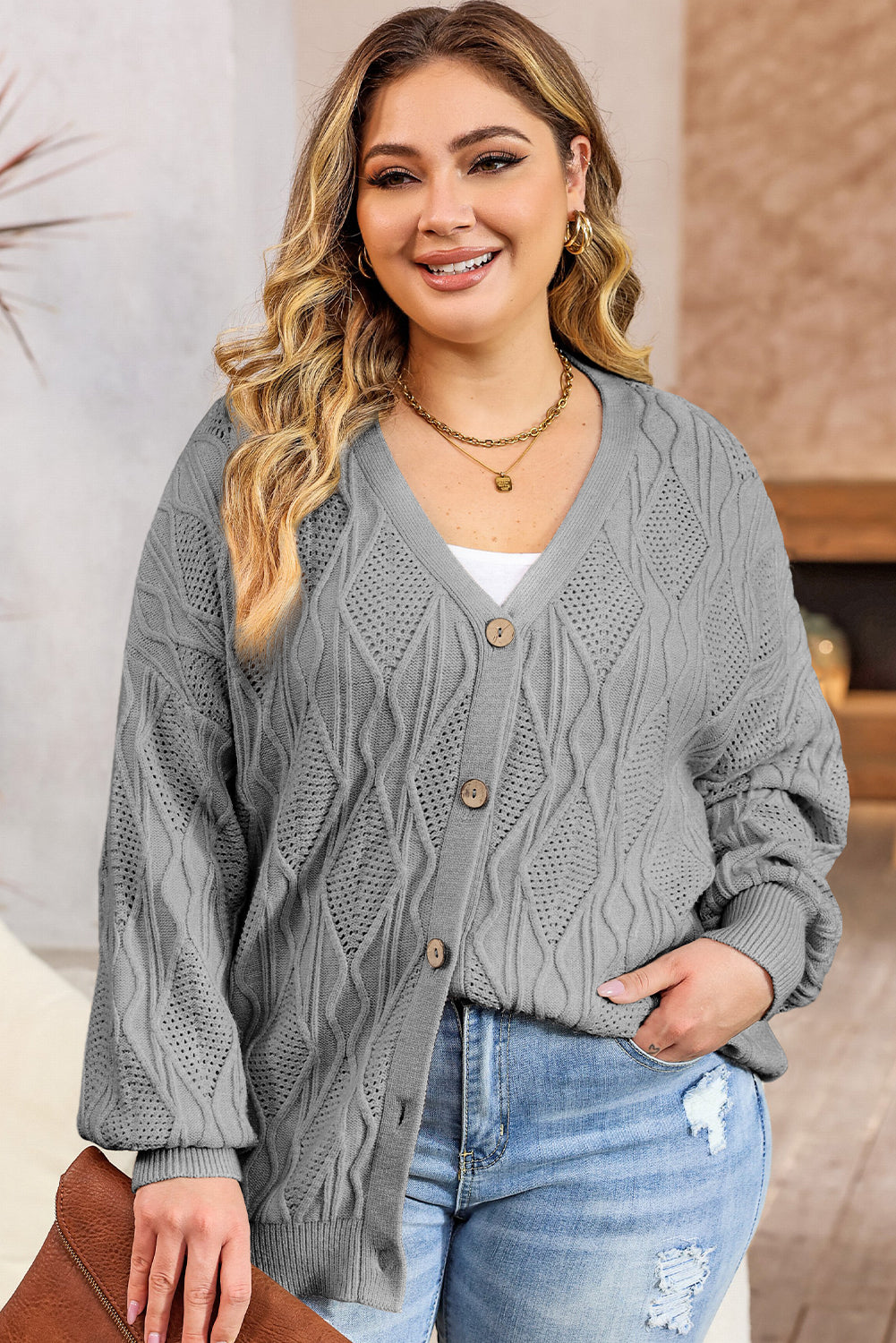 Apricot Plus Size Knitted Hollow Out Button Up Cardigan