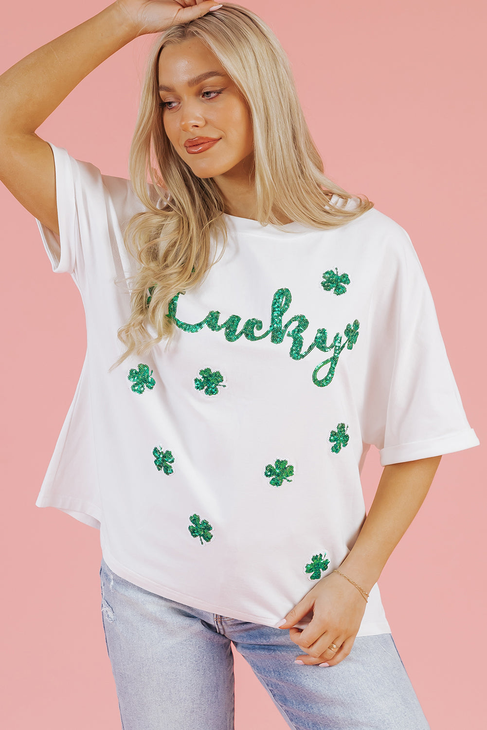 White St Patrick Lucky Clover Sequin Graphic T Shirt
