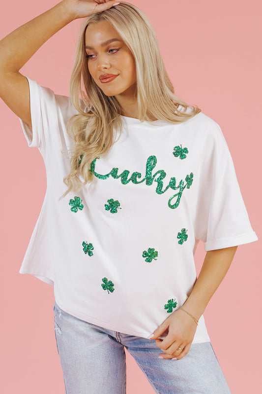White St Patrick Lucky Clover Sequin Graphic T Shirt