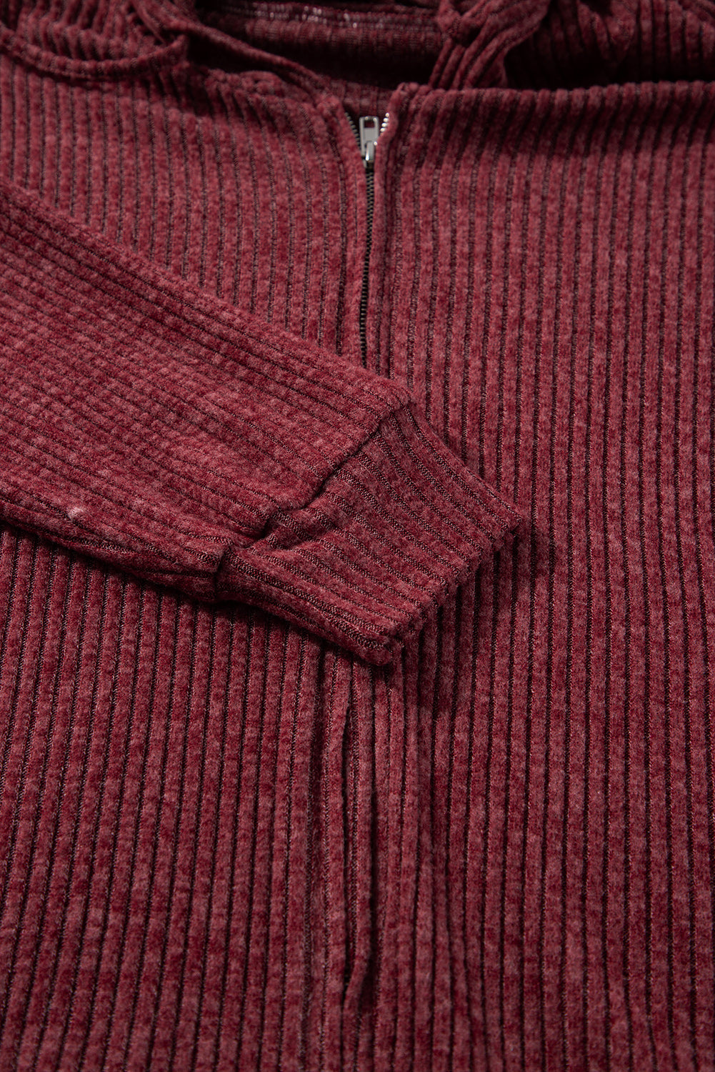 Evergreen Ribbed Zip Up Front Drawstring Hoodie