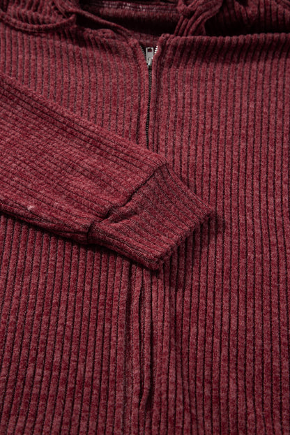 Evergreen Ribbed Zip Up Front Drawstring Hoodie