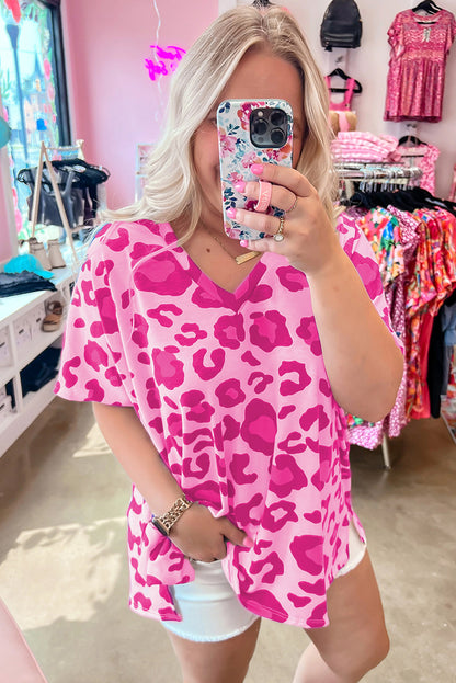 Pink Leopard Print V Neck Plus Size Tee