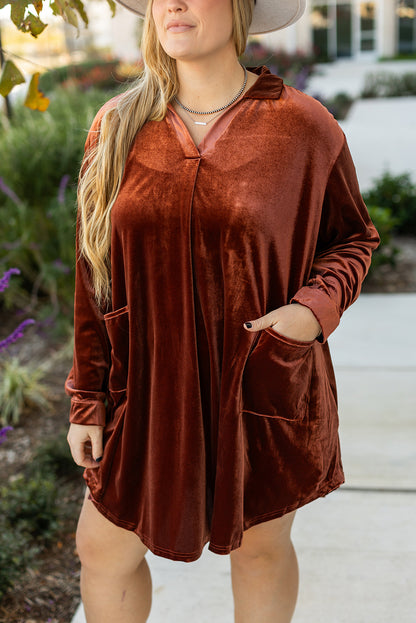 Coffee Plus Size V Neck Collared Pleated Back Rounded Hem Velvet Dress