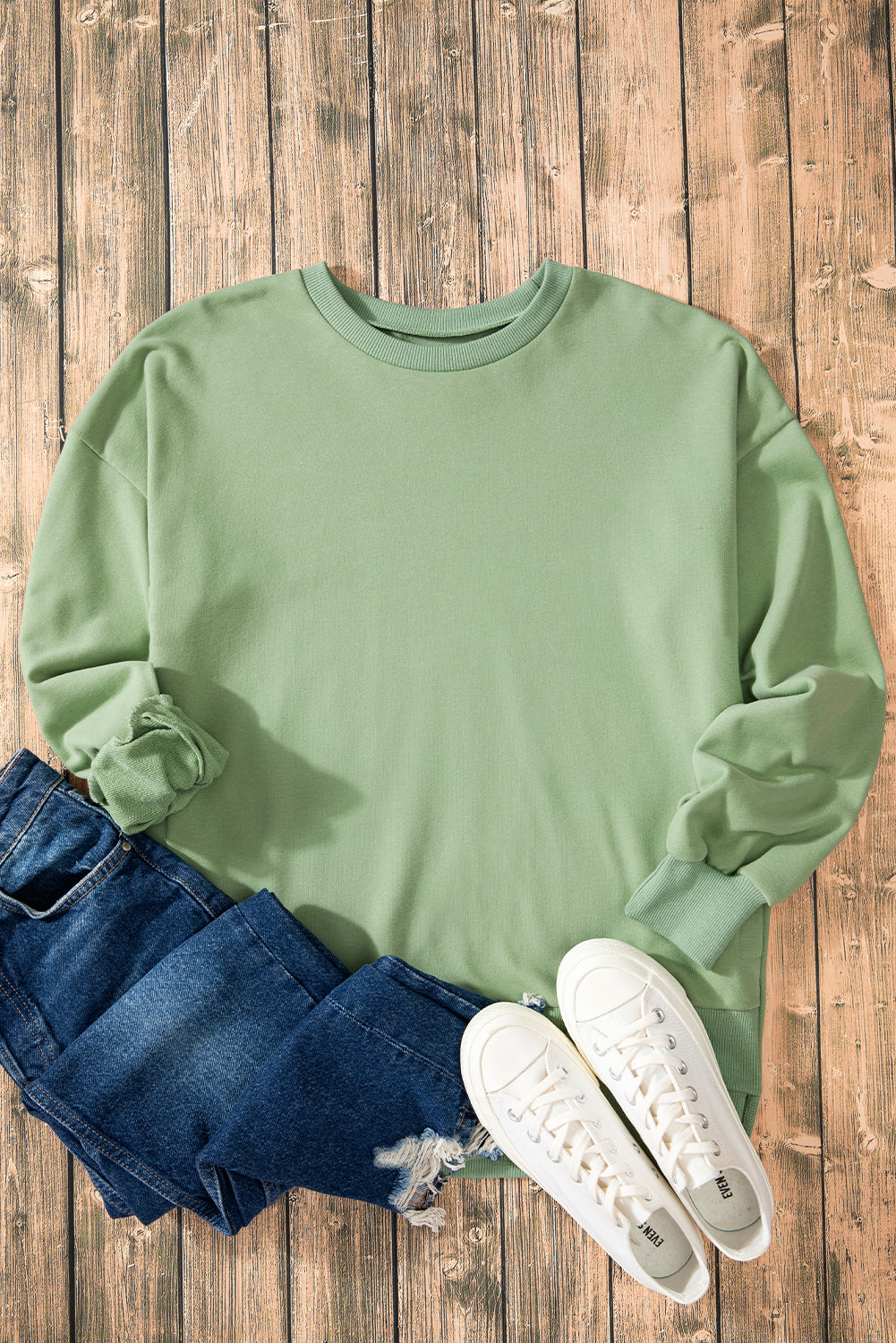 Parchment Solid O Neck High Low Hem Pullover Sweatshirt