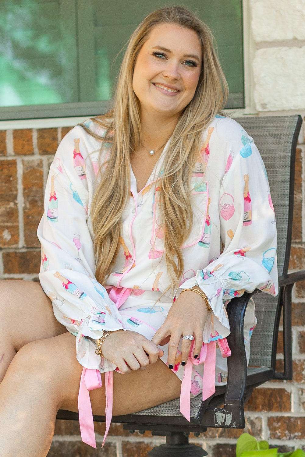 White Plus Size Wine Glass Print Bow Knot Pajama Set