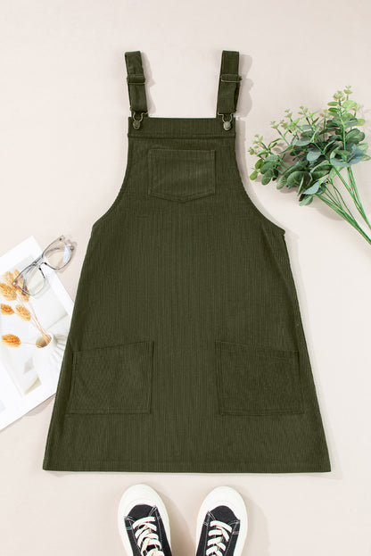 Black Solid Front Pockets Sleeveless Corduroy Overall Dress