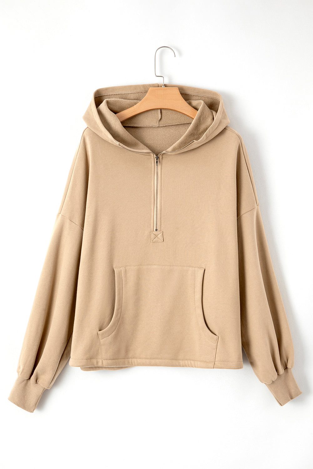Bonbon Fleece Lined Half Zipper Kangaroo Pockets Loose Hoodie