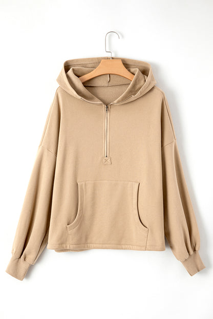 Bonbon Fleece Lined Half Zipper Kangaroo Pockets Loose Hoodie