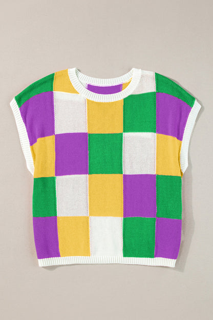 Dark Green Color Block Cap Sleeve Sweater