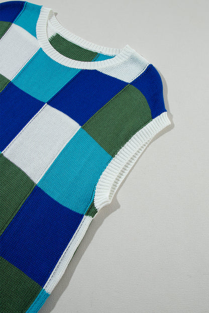 Dark Green Color Block Cap Sleeve Sweater