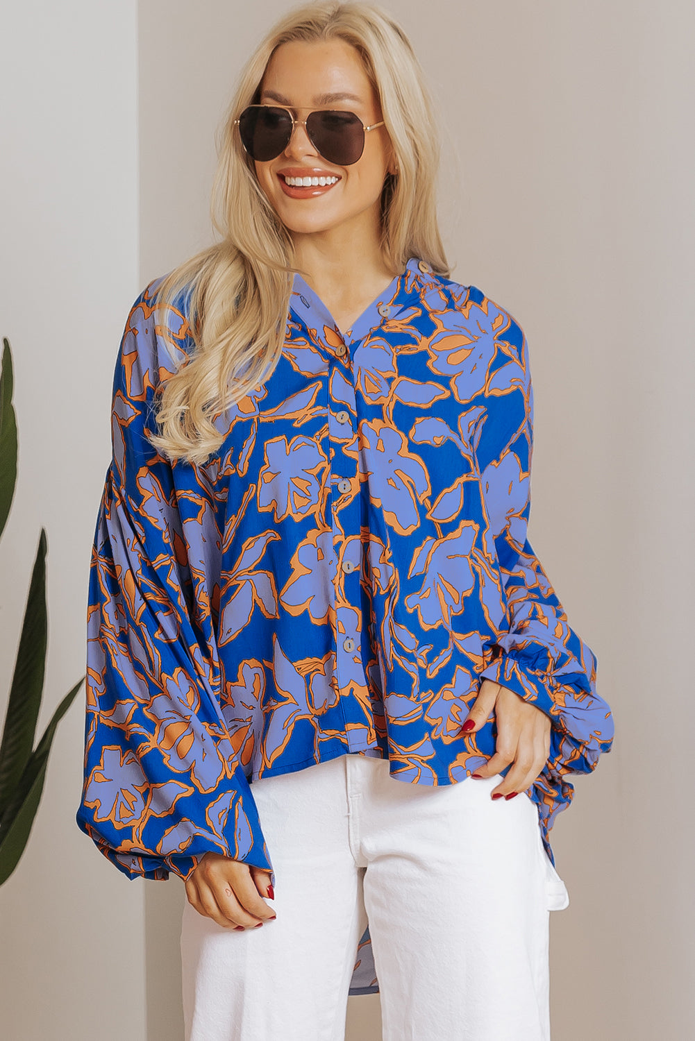 Pink Floral Print Batwing Sleeve Buttoned Loose Fit Shirt