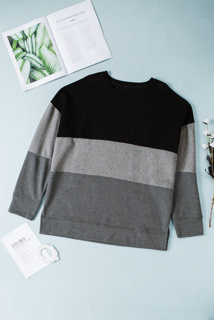 Gray Crew Neck Colorblock Plus Size Sweatshirt