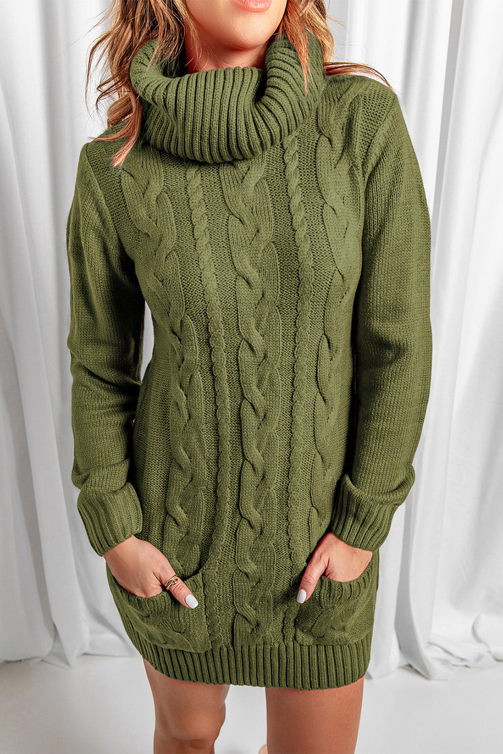 White Cowl Neck Cable Knit Sweater Dress