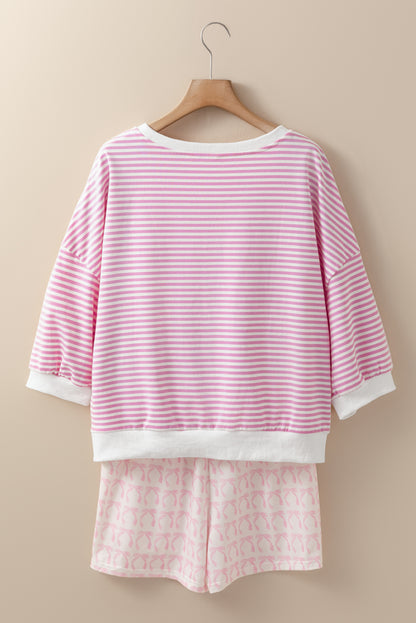 Pink Striped 3/4 Sleeve Drop Shoulder Top