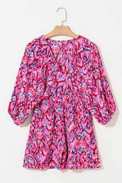 Green Abstract Print Puff Sleeve V Neck High Waist Romper