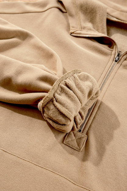 Bonbon Fleece Lined Half Zipper Kangaroo Pockets Loose Hoodie