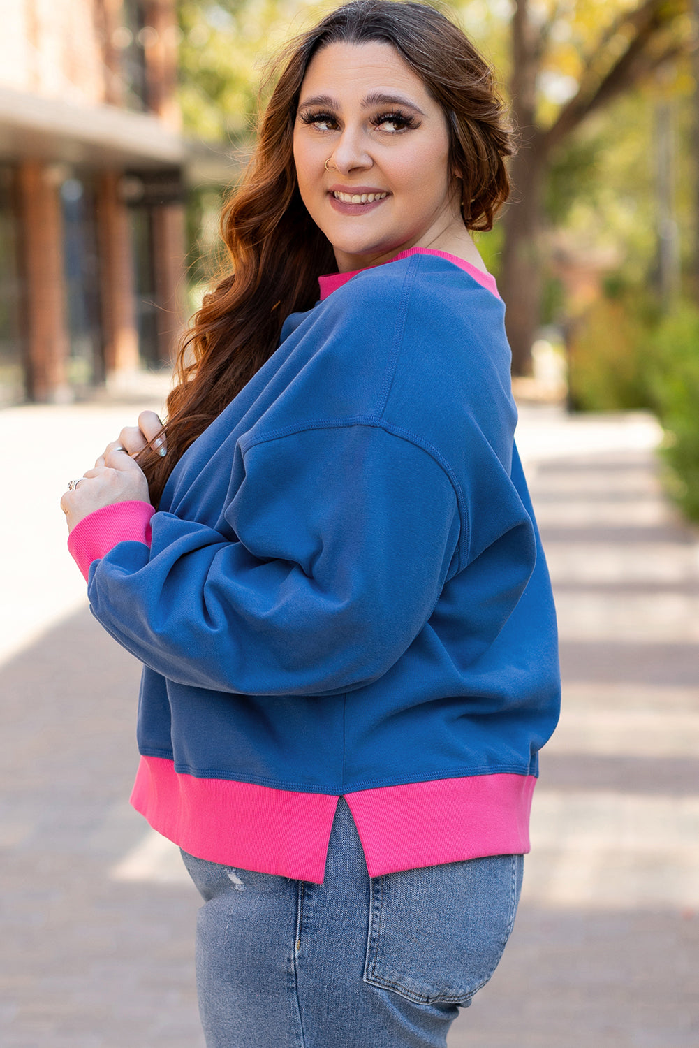 Sky Blue Color Block Edge Balloon Sleeve Plus Size Sweatshirt