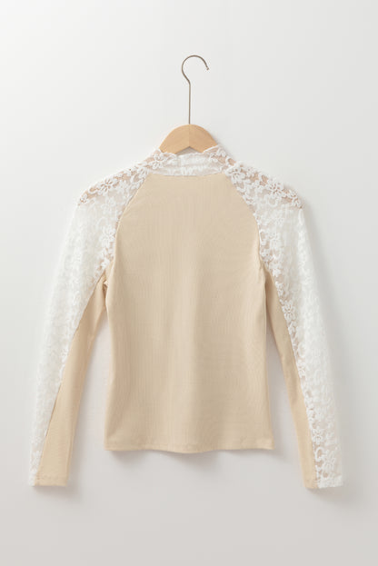 Black Floral Lace Patchwork Long Sleeve High Neck Slim Top