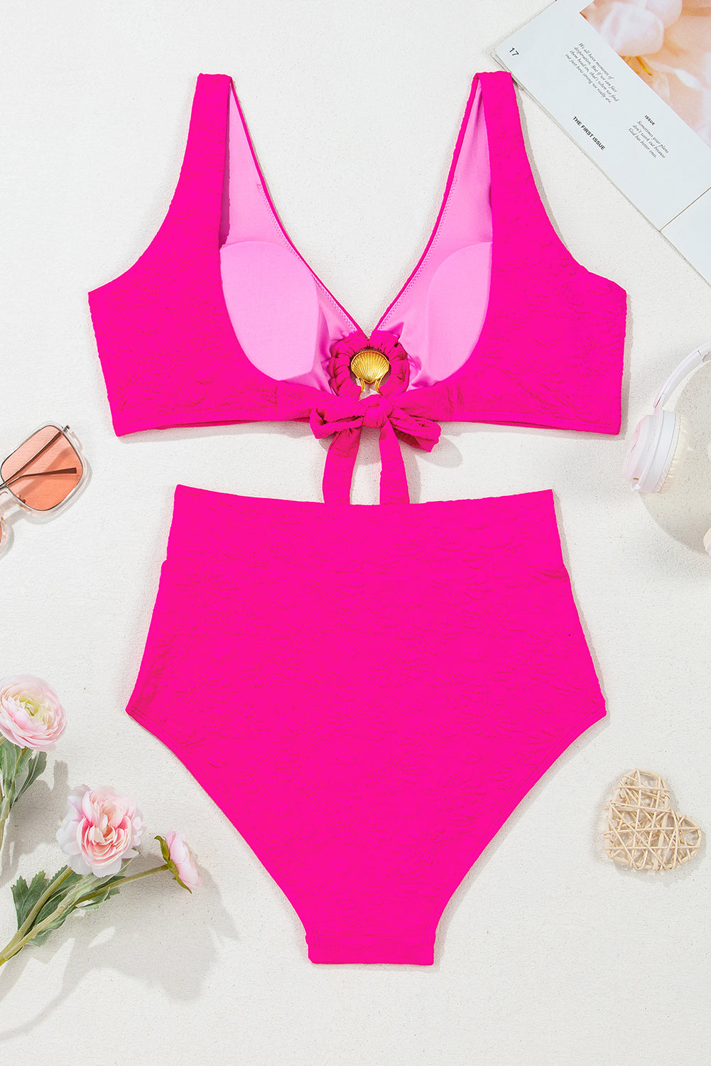 Rose Red Gold Shell Decor Wire-free Knotted 2pcs Bikini Swimsuit