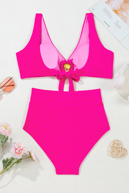 Rose Red Gold Shell Decor Wire-free Knotted 2pcs Bikini Swimsuit