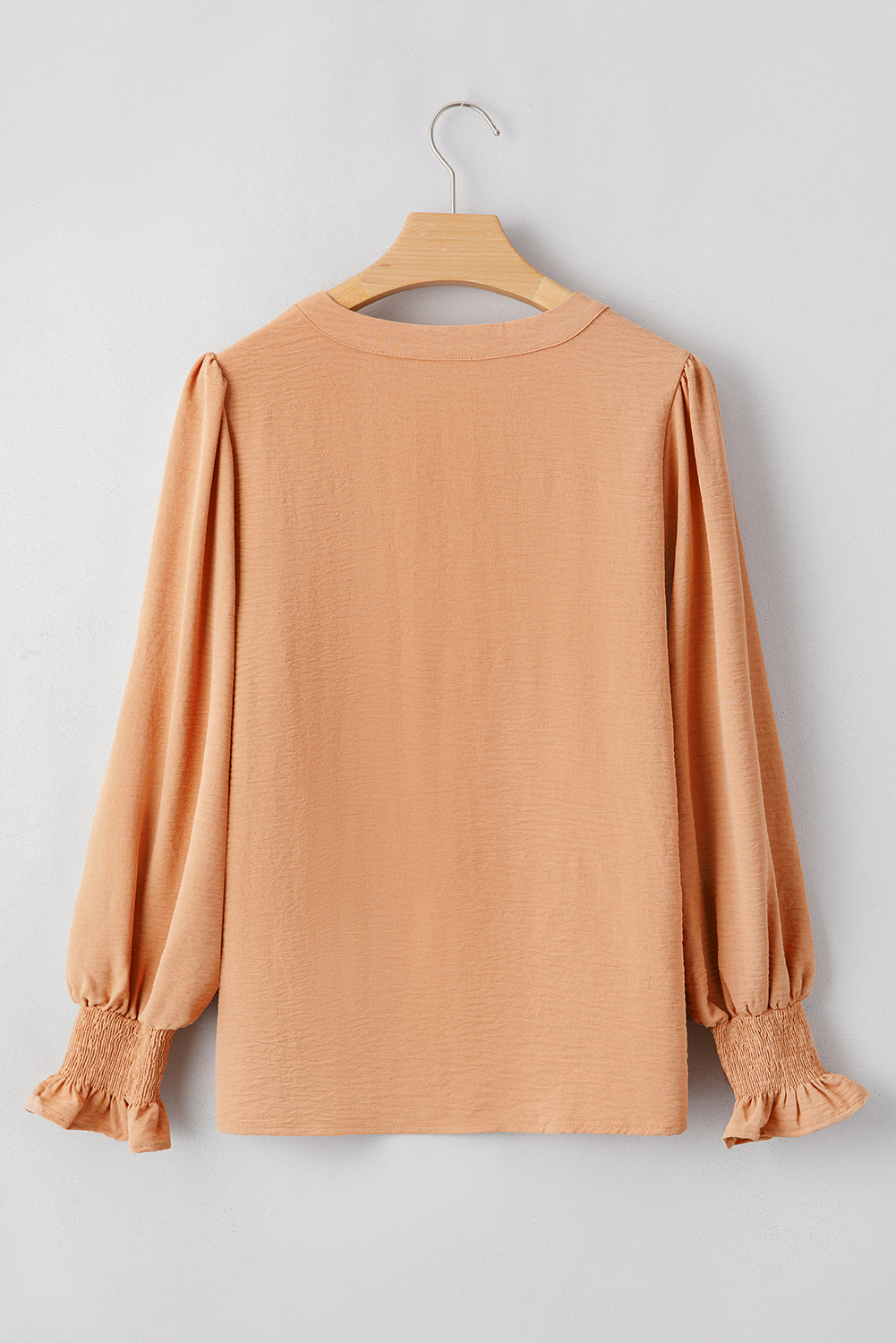Rose Red Solid Color Shirred Cuff Notch V Neck Blouse