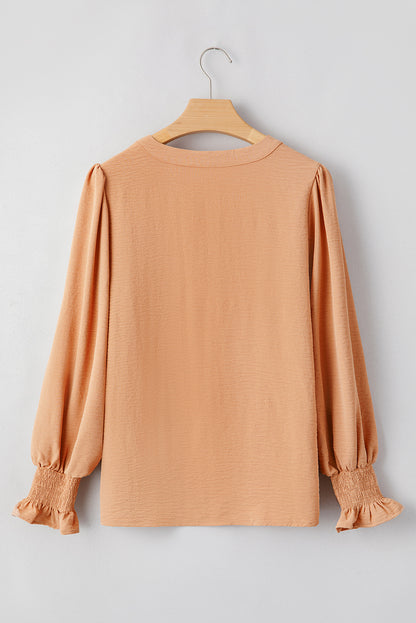 Rose Red Solid Color Shirred Cuff Notch V Neck Blouse
