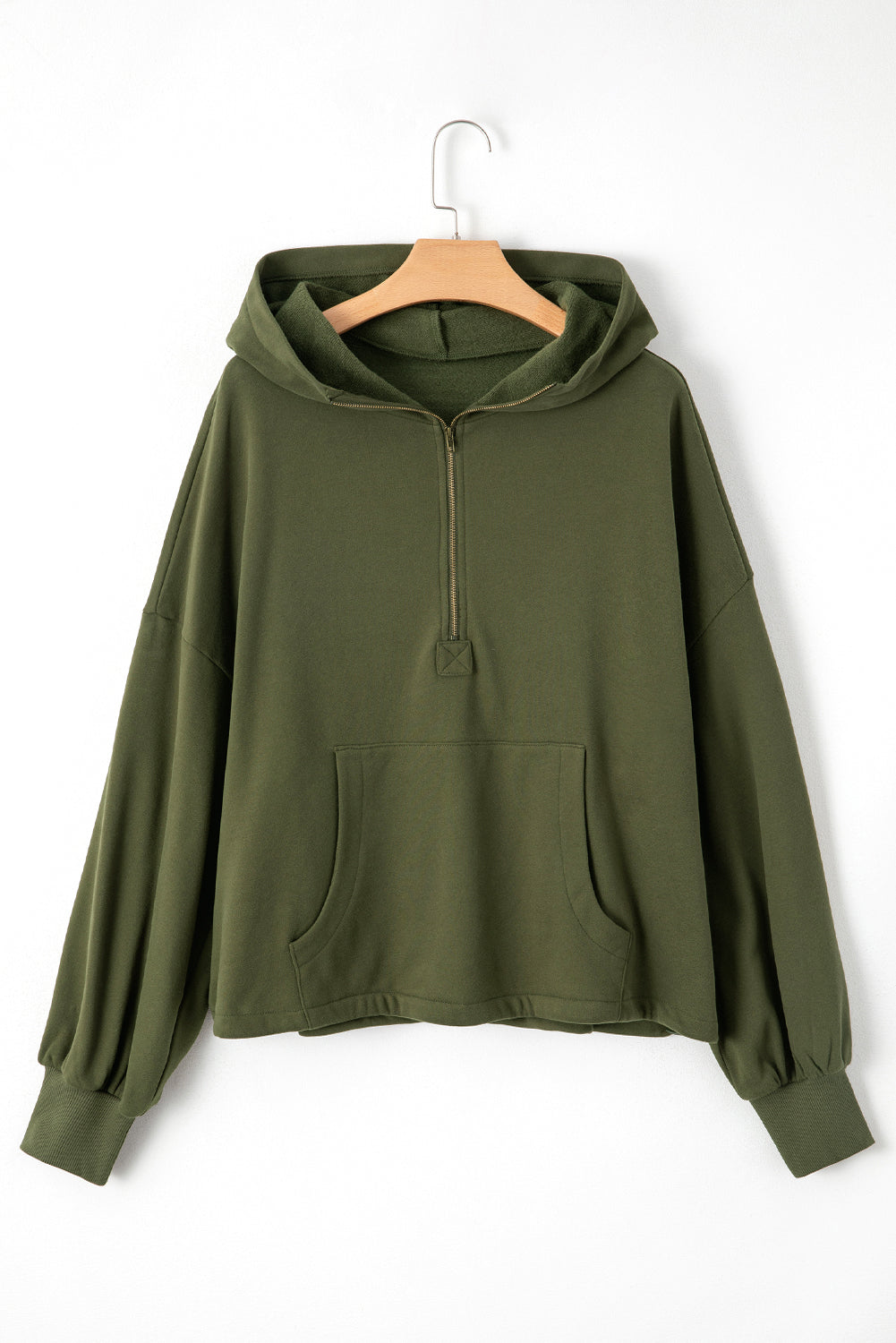 Bonbon Fleece Lined Half Zipper Kangaroo Pockets Loose Hoodie