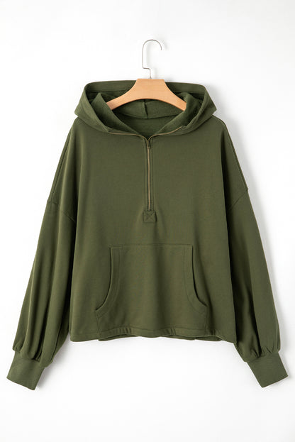 Bonbon Fleece Lined Half Zipper Kangaroo Pockets Loose Hoodie