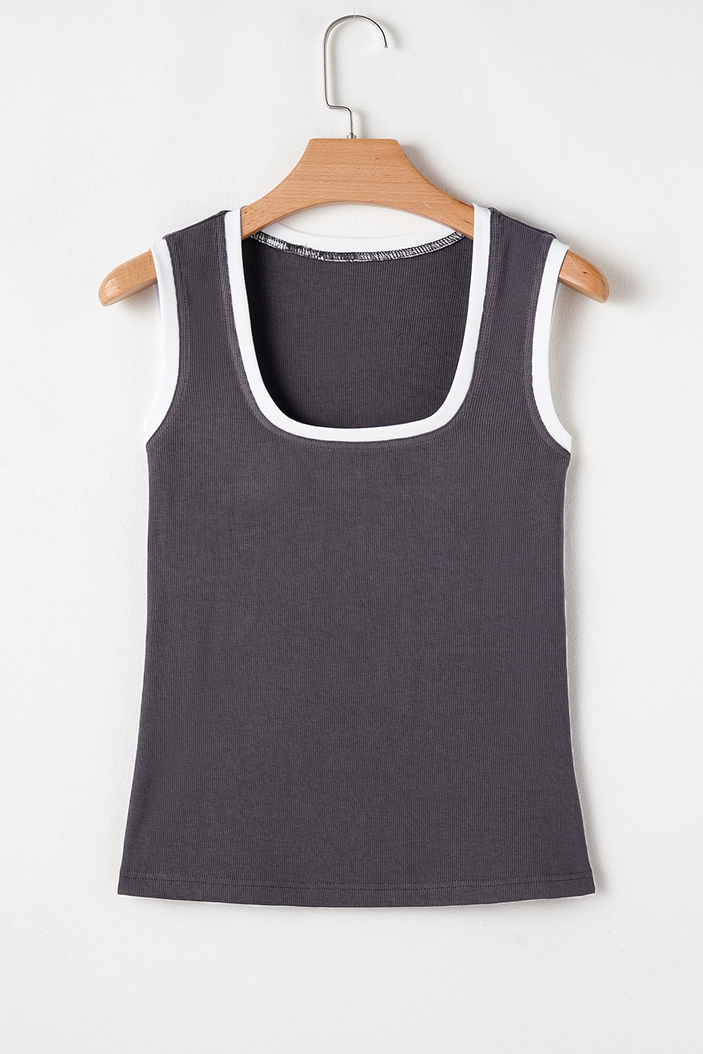 Smoke Gray Ribbed Knit Colorblock Edge U Neck Slim Fit Tank Top