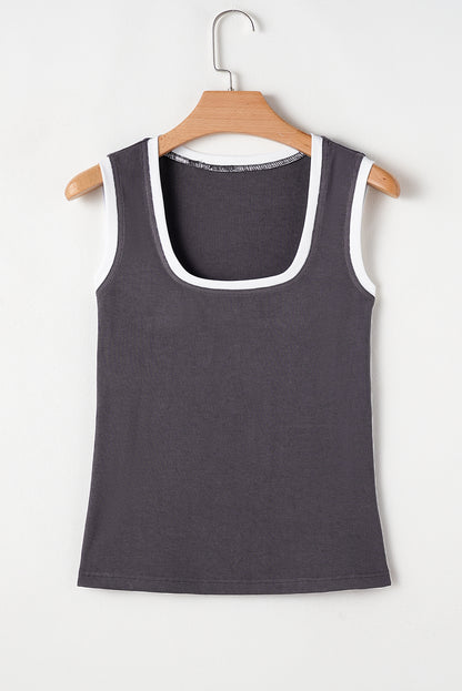 Smoke Gray Ribbed Knit Colorblock Edge U Neck Slim Fit Tank Top