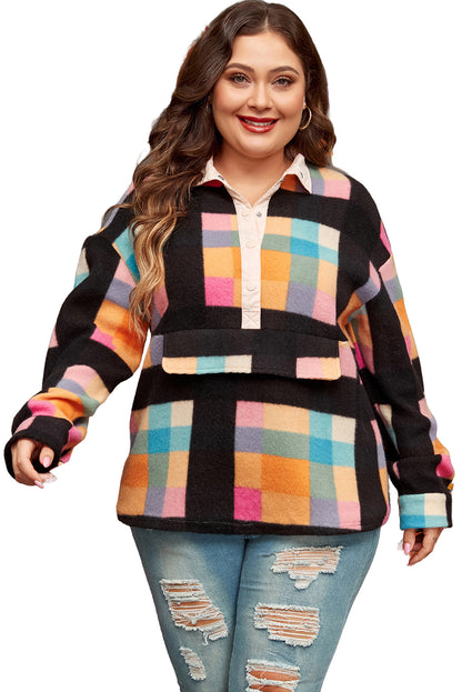 Black Plus Size Checkered Print Sherpa Henley Sweatshirt