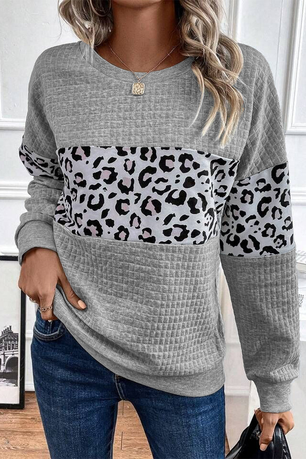 Parchment Leopard Quilted Patchwork Crew Neck Sweatshirt