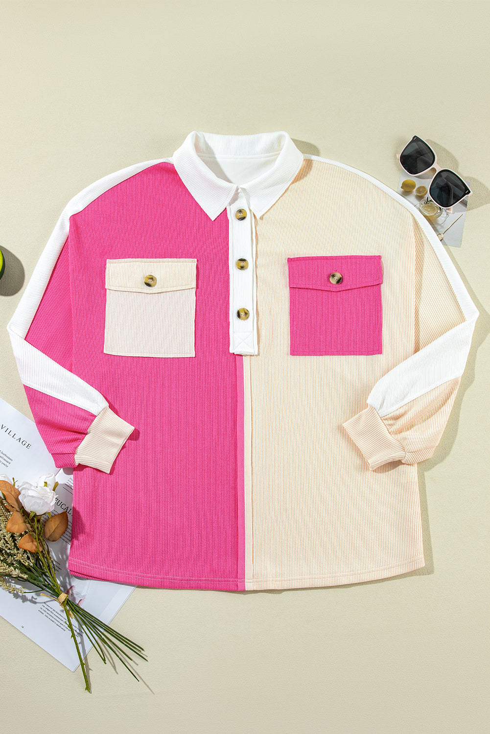 Pink Colorblock Ribbed Collared Oversized Sweatshirt