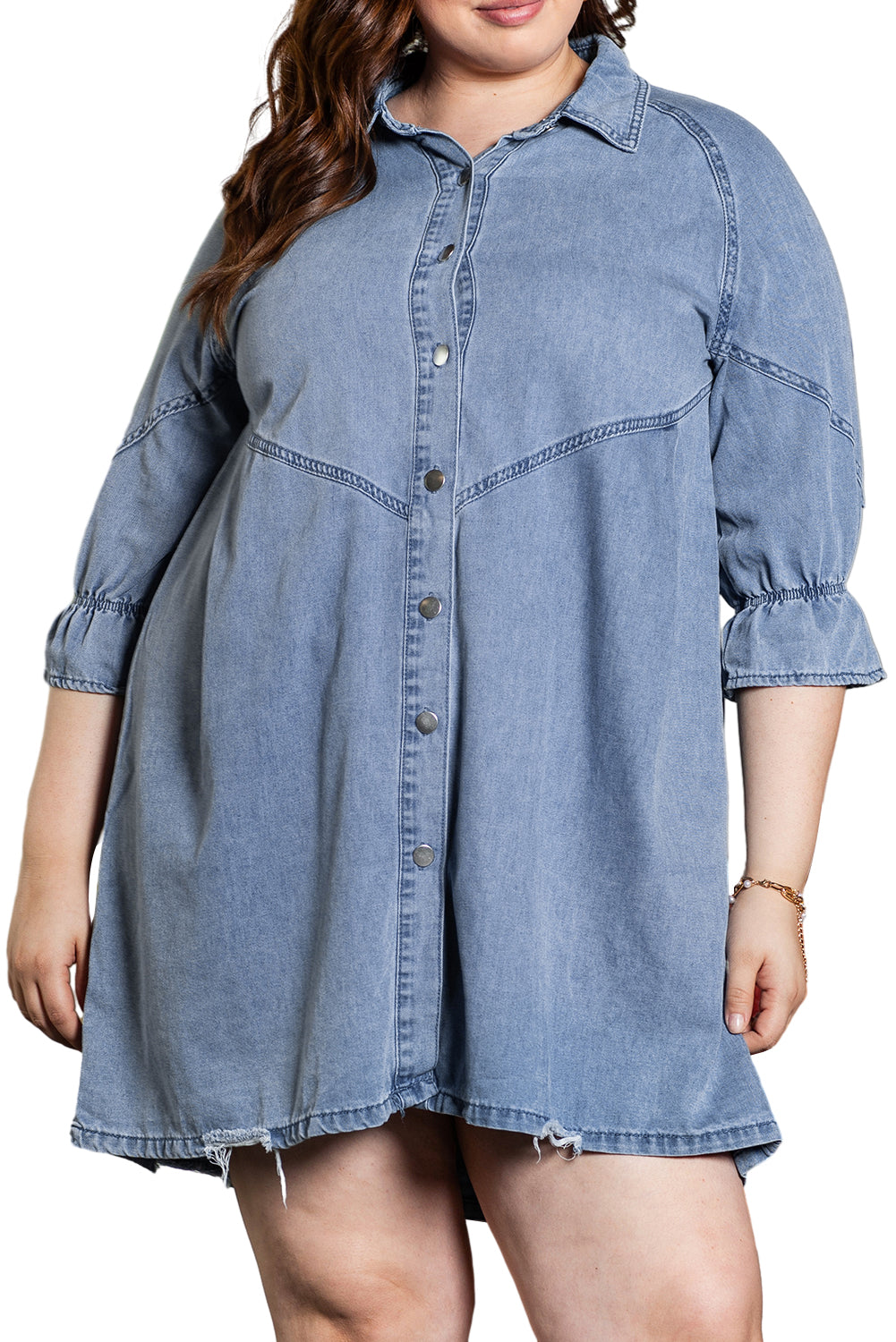 Light Blue Ruffled 3/4 Sleeve Buttoned Front Plus Size Denim Dress