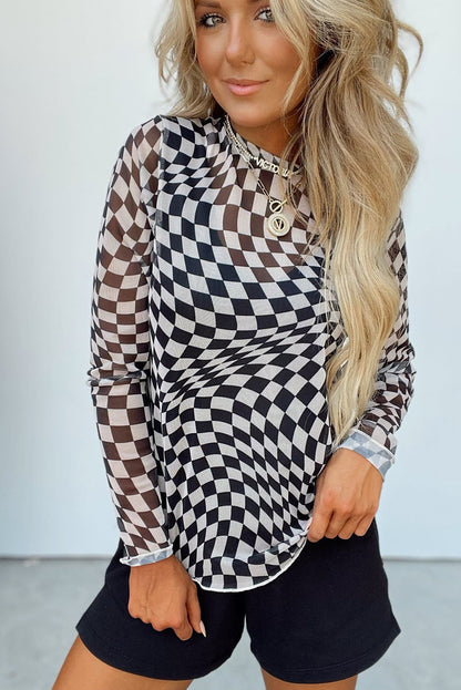 Khaki Checkered Pattern Mesh Mock Neck Long Sleeve Top