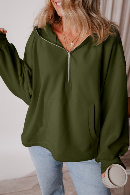 Bonbon Fleece Lined Half Zipper Kangaroo Pockets Loose Hoodie